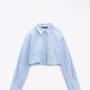 Zara Light Blue Cropped Button-Up Shirt